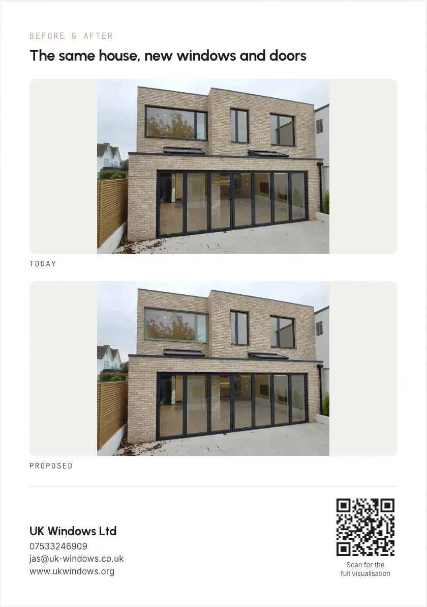 The leaflet's before-and-after render, with the installer's details and QR code