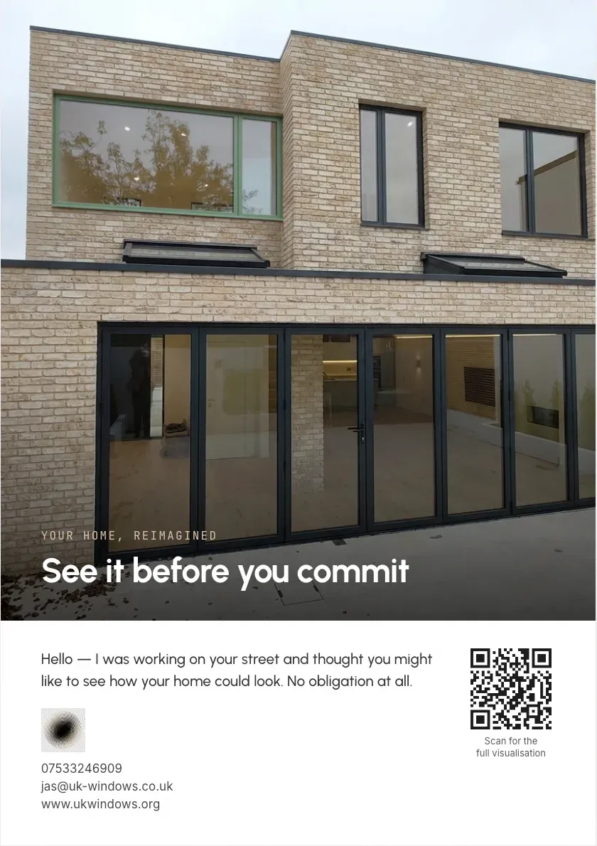 The printed A5 leaflet front: a render of a house on the street, with contact details and a QR code