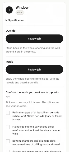 The installer's job page: a Review job button for the outside and inside of each window, and a checklist of work that cannot be seen in a photo