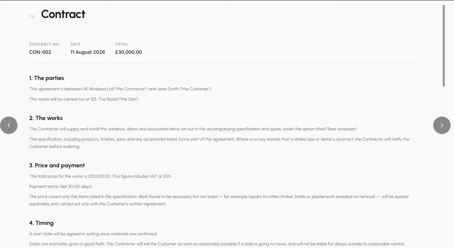A generated contract showing the parties, the works, and price and payment clauses