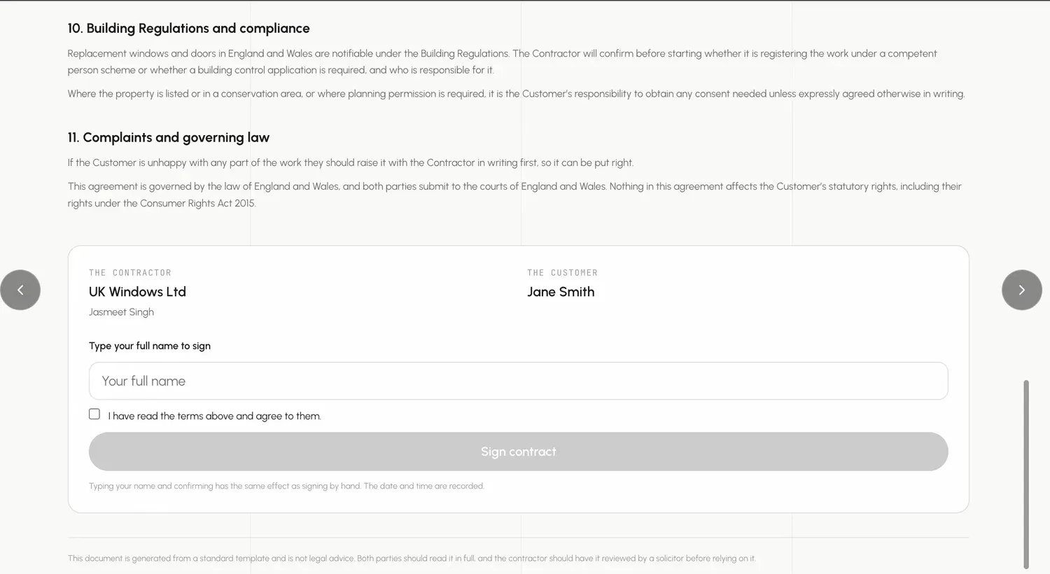 Compliance and governing-law clauses, with the typed-name signing panel below